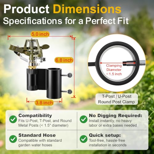 T Post Impact Sprinkler, Zinc Alloy 360°Garden Sprinkler Fit T U Round Post