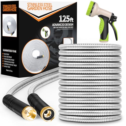 Unywarse Garden Hose 125FT Metal Water Hose with 10 Function Nozzle No-Kink - size: 125ft