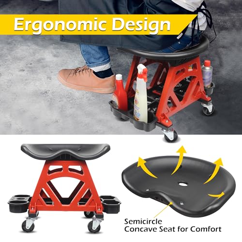MaxWorks 50957 Ergonomic Seat Mechanic Stool Chair 22.9" L x 13.9" W x 17" H, with 4pcs 2.5" Swivel Casters, with Tool Tray for Workshop, Garage, Auto Repair - 300 Lbs Capacity - style: Ergonomic