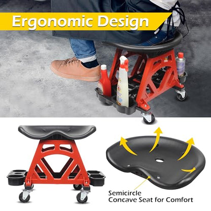 MaxWorks 50957 Ergonomic Seat Mechanic Stool Chair 22.9" L x 13.9" W x 17" H, with 4pcs 2.5" Swivel Casters, with Tool Tray for Workshop, Garage, Auto Repair - 300 Lbs Capacity - style: Ergonomic