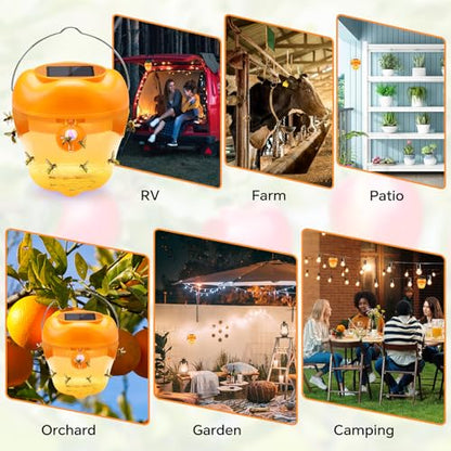 Wasp Trap, Solar Wasp Traps Hanging, Reusable Yellow Jacket Trap with LED Light, Bee Hornet Traps for Outside Orchard, Farm, Garden, Patio, Courtyard (4, Yellow)