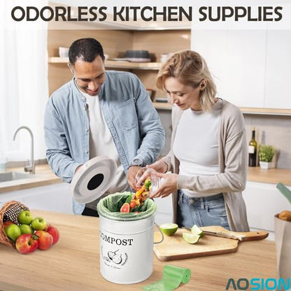 AOSION 1 Gallon Countertop Compost Bin for Kitchen with Lid,Odor Resistant - color: White(50 Pack Trash Bags & Garden Shovel)