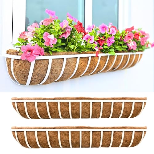 LaLaGreen Window Planter Boxes (48 Inch, 2 Pack) Deck Railing Flower Box with Coco Liner, White Metal Rectangular Wall Planters for Outdoor Plants Fence Balcony Horse Trough Garden Herb Patio Porch - size: 48 Inch (2 Pack)