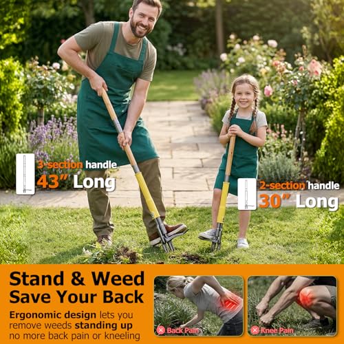Weed Puller Tool Stand Up with Slide-Release Ejection, Reinforced Steel Weeder with 3-Section Long Handle, No-Touch Cleaning for Lawn & Garden, Heavy Duty No Bend Weeding Tool for Dandelions, Thistles