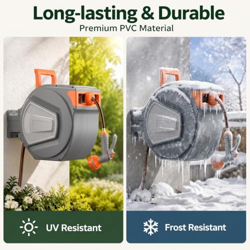 Retractable Garden Hose Reel, 130FT Wall Mounted Auto Rewind Water Hose Reel with 180° Swivel Bracket, Any Length Lock, Kink-Free Hose Guide, Multi-Pattern Spray Nozzle for Yard, Lawn & Outdoor - size: 130 FT