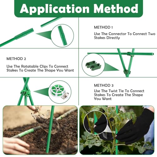 Cludoo 94PCS Garden Stakes Set with 30 Sets Fiberglass Plant Stakes Sticks Supports and Accessories, DIY 4ft 5ft 6ft 7ft Tomato Stakes for Tomato,Vegetables, Pepper, Indoor Outdoor Spring Plants - size: 30 sets
