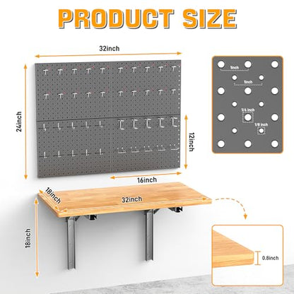 Ultrawall Heavy Duty Folding Workbench with Pegboard, Wall Mount Work Table - size: 32"x18" workbench