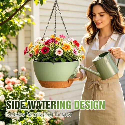 10 Inch Self-Watering Hanging Planters Set of 3 with Saucers - color: Green Brown, size: 10 Inch 3 Pack