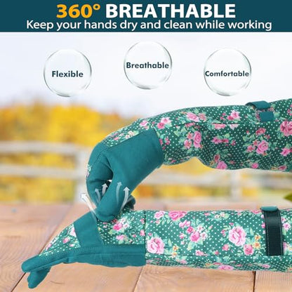 Gardening Gloves for Women, Long Garden Gloves with Grip, Thorn-Proof, Gift - color: Dark Green - Pink Flower