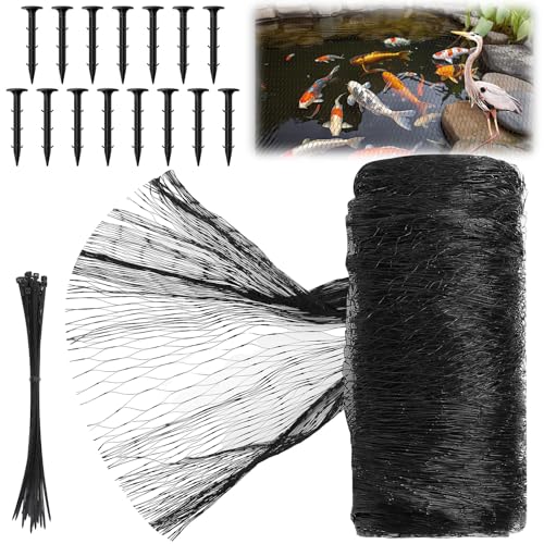 Koi Pond Netting Kit 14 x 14ft, Bird Deer Fence Netting, Durable Net Cover for Leaves, Heavy Duty Fine Mesh, Protect Fish from Blue Heron Birds, Cats & Predators, 15pcs Stakes & Ties Included - color: Black, size: 14 x 14ft