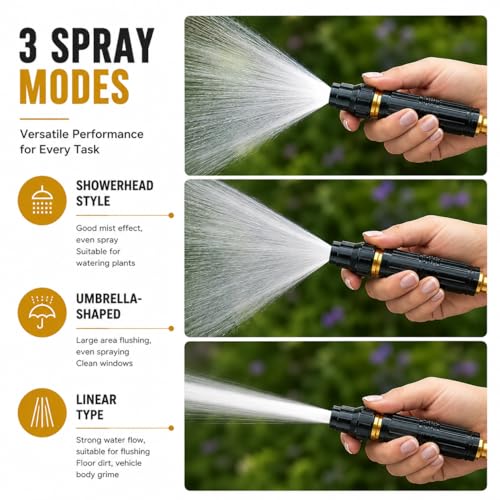 High Pressure Water Spray Gun for Garden Hose - 3 Adjustable Spray Modes Metal Nozzle for Car Wash, Patio, Floor & Plant Watering (1 Pack)