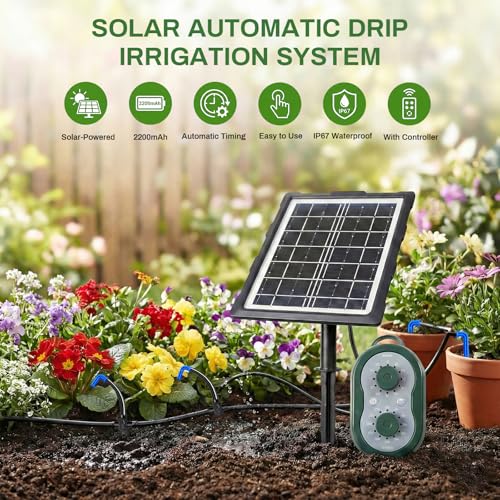 50FT Solar Automatic Drip Irrigation Kit System, Smart Self-Watering System with USB Charging for Outdoor Indoor Use, 2200mAh Automatic Watering System Supports 15 Pots for Garden, Balcony & Patio