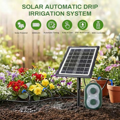 50FT Solar Automatic Drip Irrigation Kit System, Smart Self-Watering System with USB Charging for Outdoor Indoor Use, 2200mAh Automatic Watering System Supports 15 Pots for Garden, Balcony & Patio