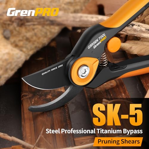 GRENPRO Heavy Duty Bypass Pruning Shears, 8.6", 1.38" Capacity, Orange - color: Orange