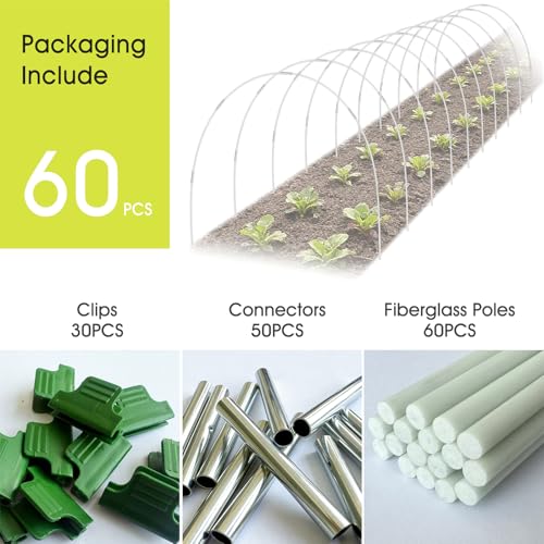60 PCS Garden Hoops for Raised Beds, RIFNY Greenhouse Hoops Kit Long Grow Tunnel for Row Cover, Rust-Free Fiberglass Garden Support Poles for Insect Mesh Netting Freeze Plant Cover Frame - style: 60Pcs-White-0.24" Dia