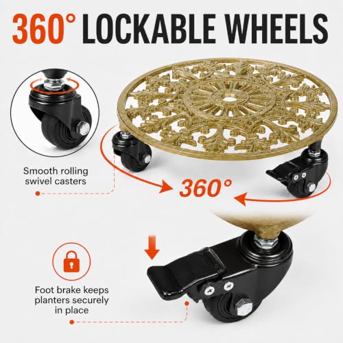 2 Pack 11" Heavy Duty Round Metal Plant Caddy with Wheels, Gold - color: Round Metal Gold, size: 11 INCH 2PCS