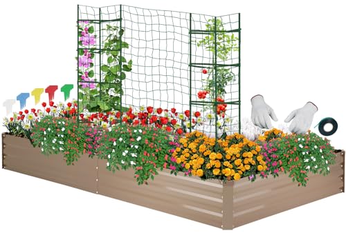 ONCEMORE Galvanized Raised Garden Bed for Vegetables Flowers Herbs, Metal Raised Garden Bed Kit with 2 PCS Tomato Cage, Gloves, Trellis Netting, Plant Labels, Plant Ties, Brown 8×4×1FT - color: Brown, size: 8x4x1 FT