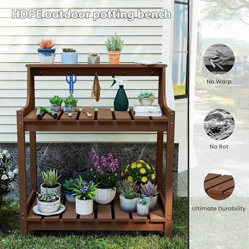 Domi 3-Tier Potting Benches for Outside, HDPE Outdoor Potting Table, Brown - color: Brown