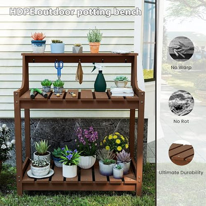 Domi 3-Tier Potting Benches for Outside, HDPE Outdoor Potting Table, Brown - color: Brown