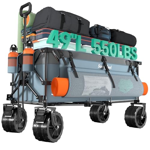 SUNNYFEEL 49" L Foldable Wagon Cart with Big Wheels - 550lbs Heavy Duty Extra Long Collapsible Shopping Cart - Utility Grocery Wagon for Garden Sports Camping Outdoor Activities (Blue) - color: Blue