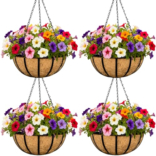 4 Pack 12 inch Metal Hanging Baskets Round Wire Plant Stand with Coco Lining Cushion Black Metal Chain Decorative Planter Hanger Garden Indoor Outdoor Porch Watering Hanging Basket - color: Flat Iron