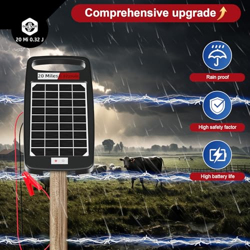 20 Miles Solar Powered Electric Fence Charger, 0.32J for Gardens, Livestock - size: 20M 0.32J
