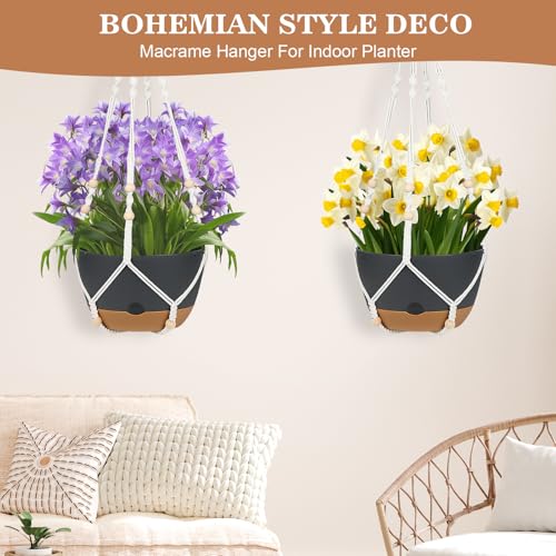 3 Pack Hanging Planters Set, 10inch Self-Watering Hanging Plant Pot, Macrame Plant Hanger with Pot, Chains, S & Ceiling Hooks, Removable Saucer and Drainage Holes for Indoor, Outdoor Plants - Black - color: Black