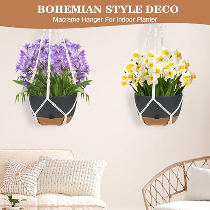 3 Pack Hanging Planters Set, 10inch Self-Watering Hanging Plant Pot, Macrame Plant Hanger with Pot, Chains, S & Ceiling Hooks, Removable Saucer and Drainage Holes for Indoor, Outdoor Plants - Black - color: Black
