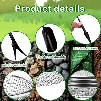14 Pcs Soil Sifter for Gardening Stainless Steel Rock Sifter Including 3, 6, 10 mm Hole Puncher Planting Spoon Seedling Lifting Device Bucket to Catch Dirt Rocks Sawdust, 3 Sizes