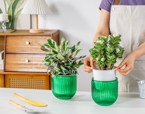 Melphoe Self Watering Pots for Indoor Plants Planter, 5.3 Inch 2 Pack Planters Self Watering Plant Pots for Flower, Houseplants, Succulent, African Violets and Cactus with Drainage - color: Emerald, size: 5.3''