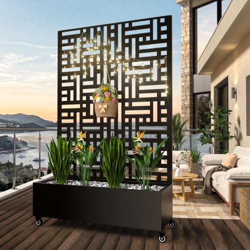 MTART Metal Planter Box with Trellis Outdoor, 72"x47"x16" Galvanized Raised Garden Bed with Privacy Screen & Drainage Holes & Lockable Casters for Climbing Plants, Vegetable, Vines (Street-Black1) - color: Street-black1