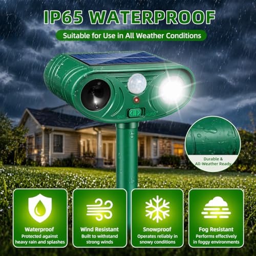 Solar Ultrasonic Animal Repellent 2 Pack,Motion Activated Deterrent for Deer, Cat, Squirrel, Raccoon, Rabbit & Bird, Waterproof Outdoor Animal Repeller with LED Strobe for Yard, Garden & Orchard