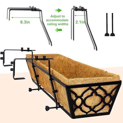 HFHOME 24 Inch Deck Railing Planter Box with Horse Trough Coco Liner, 24" Window Boxes with Coconut Coir Liner, Black Metal Hanging Flower Planter Basket for Outdoor Indoor Lawn - 4 Pack - size: 24 Inch 4-Pack Floral-Pattern