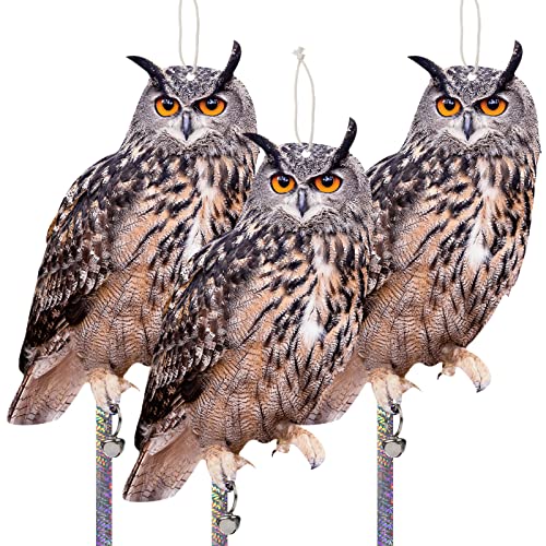 3 Pack Hanging Outdoors Reflective Scarer Away Owl Device to Keep Animals Pigeon Woodpecker Away from Patio Garden - color: Brown-3