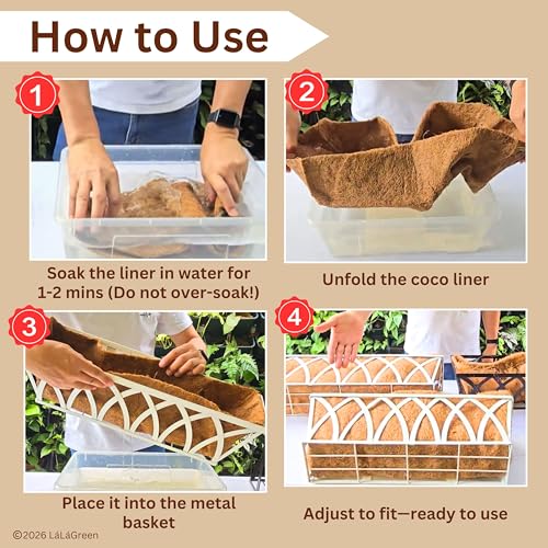LaLaGreen 48" (4 Pack, Rectangular) Coco Liners for Window Box Planter–Extra Large Trough Coir Husk Fibre Replacement for Hanging Basket, Flower Pot, Garden Outdoor Use–Multiple Sizes & Shapes - size: 48'' x 4 pack