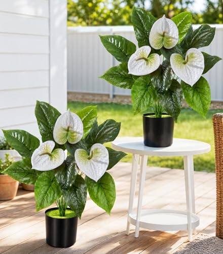 Artificial Plants Outdoor with Pots, 2 Pack Anthurium Artificial Flowers Potted Fake Plants, UV Resistant Realistic Faux Tropical Greenery for Planters Inside Porch Patio Yard (White, 21.6") - color: Anthurium-white