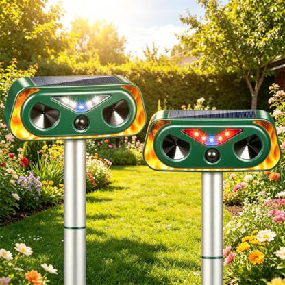Upgraded Solar Animal Repellent Ultrasonic Outdoor Cat Deterrent Deer Repellent Devices,Waterproof Dog Repeller with Motion Sensor,Flashing Lights,Scare Squirrels Rabbits Raccoons Skunks Garden,2 Pack