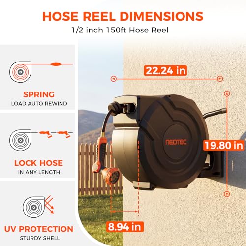 New Retractable Garden Hose Reel 150 ft x 1/2 inch 9 Sprayer Nozzle Automatic Slow Return Any Length Lock Heavy Duty Wall-Mounted Hose Reels for Outside 180° Swivel UV Resistant