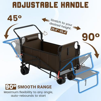 LEVELEVE Heavy Duty Folding Wagon - 2-in-1 Collapsible Cart, All-Terrain Wheels w/Brakes & Side Pockets (Brown, 650lb Capacity) - color: Brown, size: Large