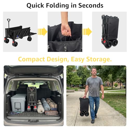 220L Folding Wagon with Detachable 14 Gallon Cooler Bag, Extra Large All-Terrain Heavy Duty Collapsible Beach Wagon Cart with Big Wheels, Foldable Utility Cart for Camping, Tailgate - color: Black, size: 220L