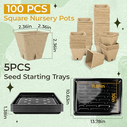 100 Pcs Square Nursery Pots, 5 Pcs Seed Starter Tray, 2.6 inch Nursery Pots with Tray, Plastic Starter Pots for Planting Seeds, Reusable Seed Starting Pots with Drainage Holes (Kraft Paper) - style: kraft paper