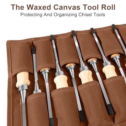 Chisel Roll, 6 Pockets Roll Up Tool Pouch, Waxed Canvas Small Tool Roll - color: 12-Brown