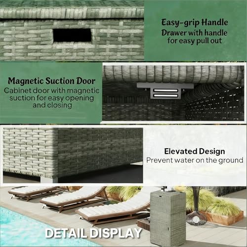 Wicker Outdoor Storage Cabinet, Pool Towel Rack with Drawer, Gray, 47" H - color: Gray-A