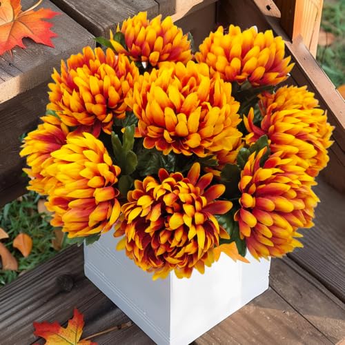 Large Artificial Mums for Outdoors Fall Flowers Silk Chrysanthemum - color: Yellow