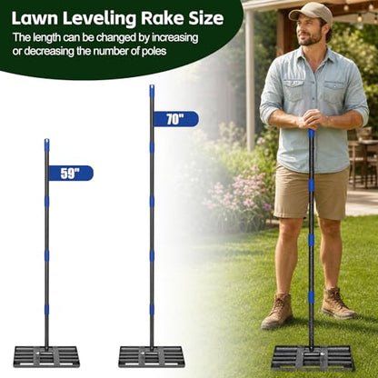 Lawn Leveling Rake,Long Handle Rakes for Lawns Heavy Duty Lawn Leveler Tool for Soil Compost Sand Landscape Rake for Yard Garden Golf Course 17"x10"
