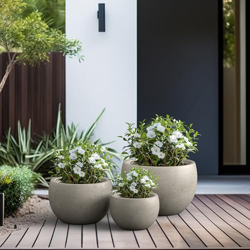 Kante Set of 3 Weathered Concrete Bowl Planters 20" 15.7" 11.8" Dia - color: Weathered Concrete, size: 19.9"D + 15.7"D + 11.8"D