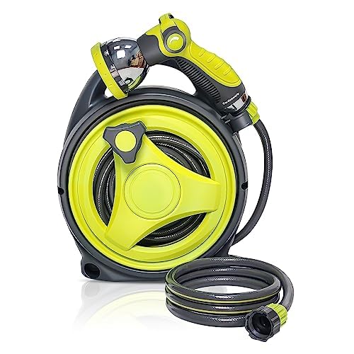 YASHINE 50ft Retractable Garden Hose Reel, Portable Hose Reel, 45+5FT with 10 Patterns Spray Nozzle, Adapts to standard US hose plugs, Hose Reel for Garden Watering Car Washing Pet -Green