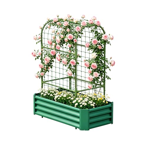 Raised Garden Bed with Arched Trellis, Green - color: Green