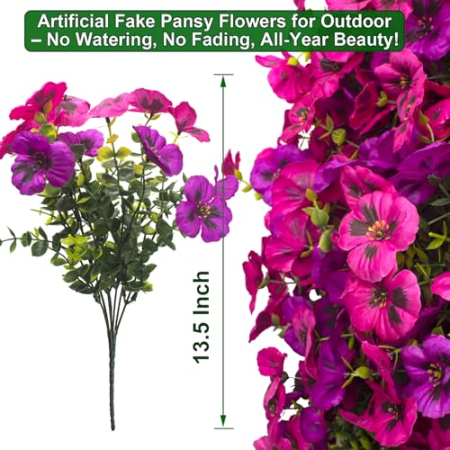 Grunyia Artificial Pansy Flowers 16Pcs Silk Fake Flowers UV Resistant for Outdoors, Lifelike Faux Pansies for Planters Window Boxes Porch Home Decor (Purple & Rose Red) - color: Light Purple+rose Red