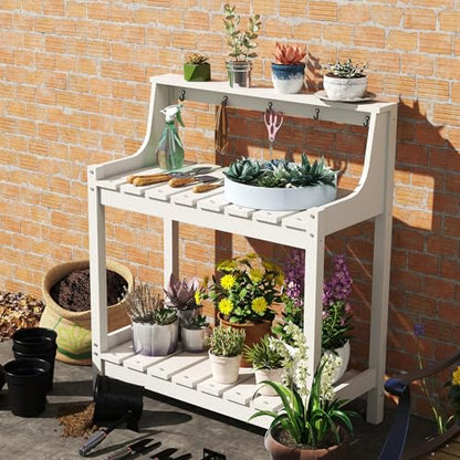 Domi 3-Tier Potting Benches for Outside, HDPE Outdoor Potting Table, White - color: White